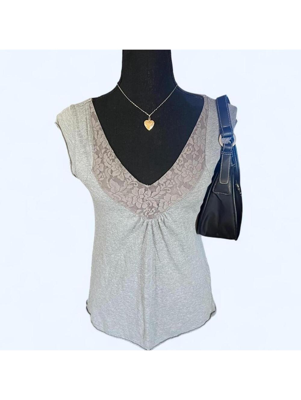 Y2K Aeropostale coquette lace trim soft girl babydoll top size medium 🩶 - Picture 2 of 6